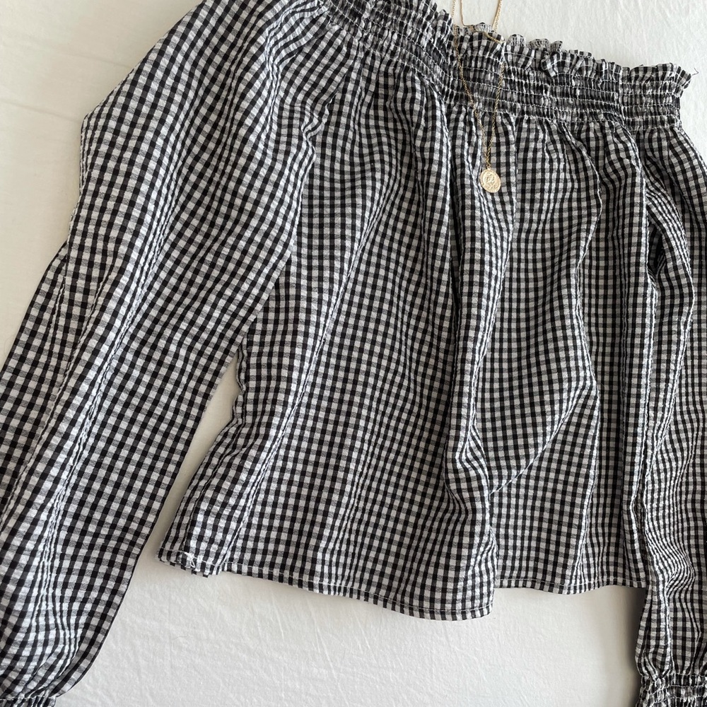 Black & white plaid off the shoulder shirt